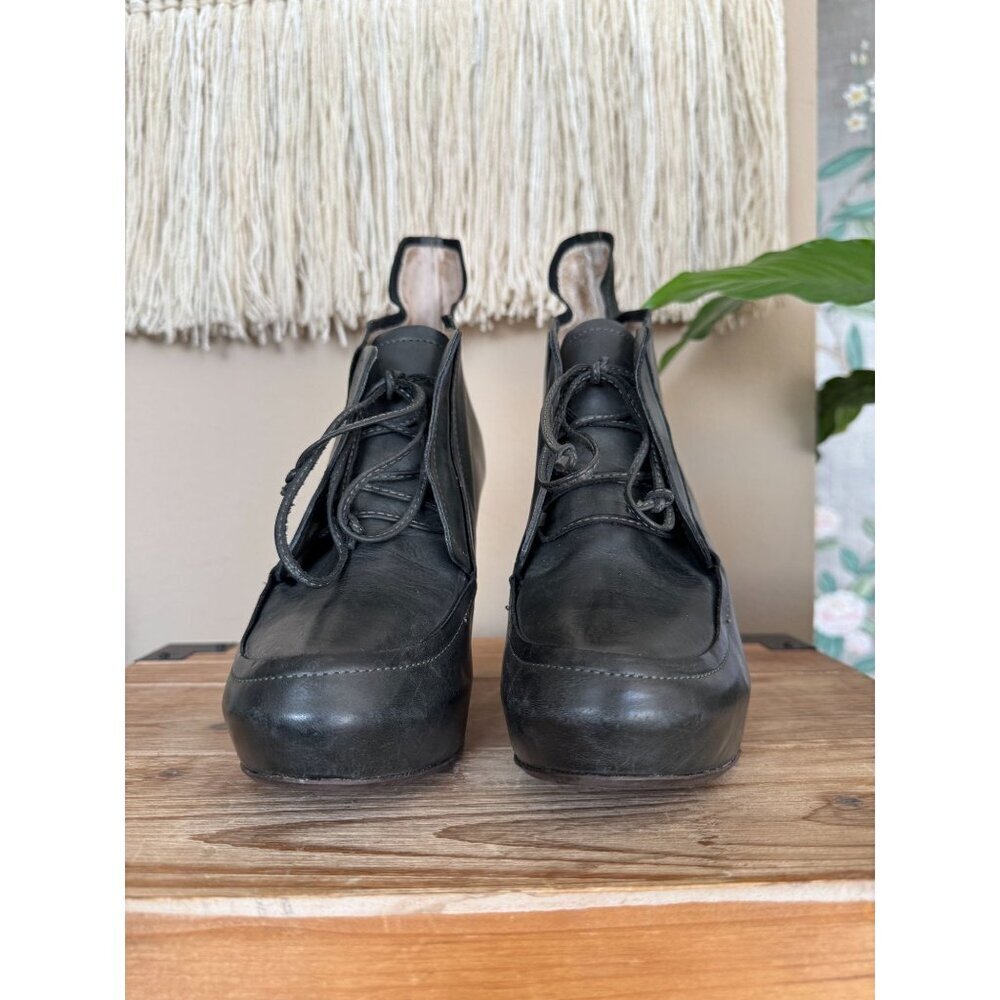 Vintage Max Studio Nora Black Leather Platform Wedge Lace Up Ankle Boot Size 9 - Picture 3 of 15
